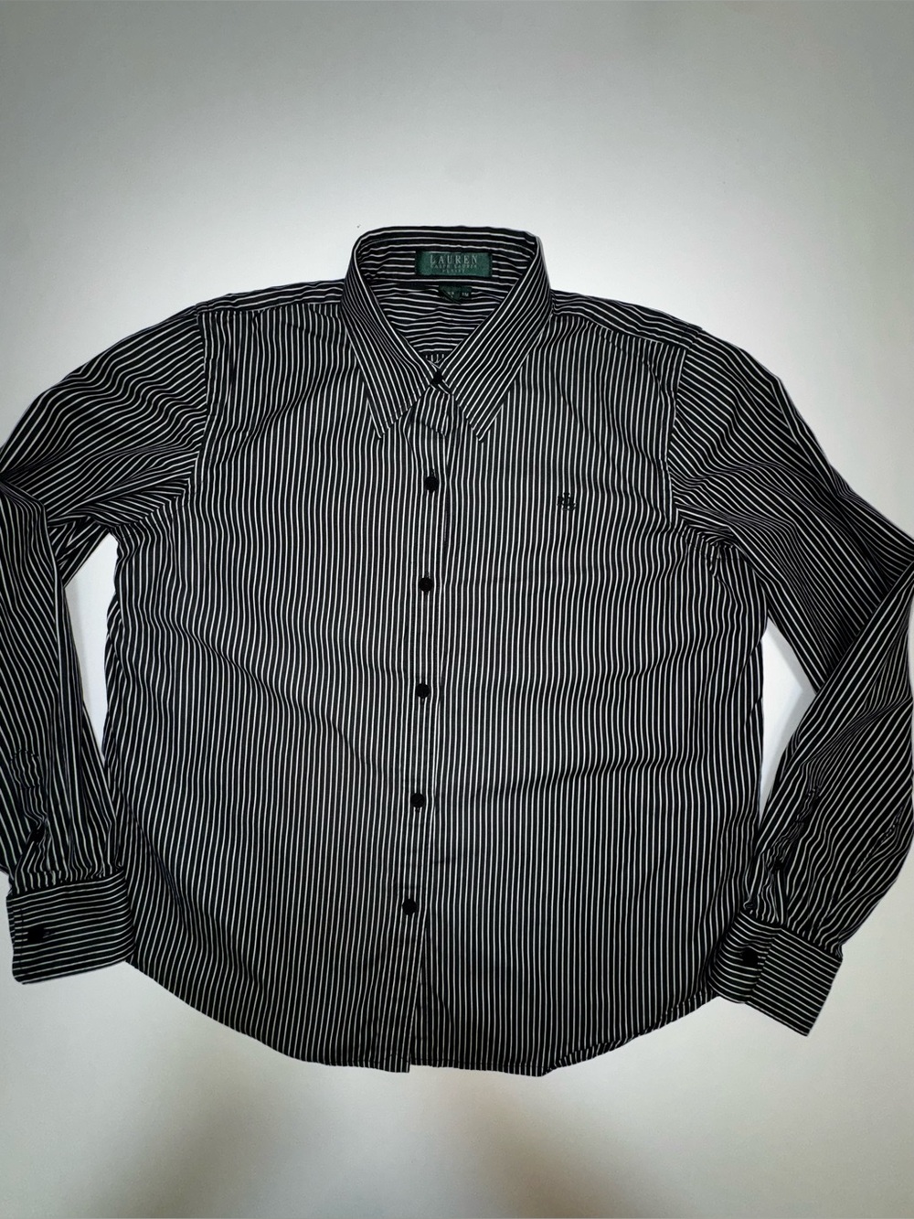 Ralph Lauren cotton Black and White Vertical Stripe Dress Shirt, petite M